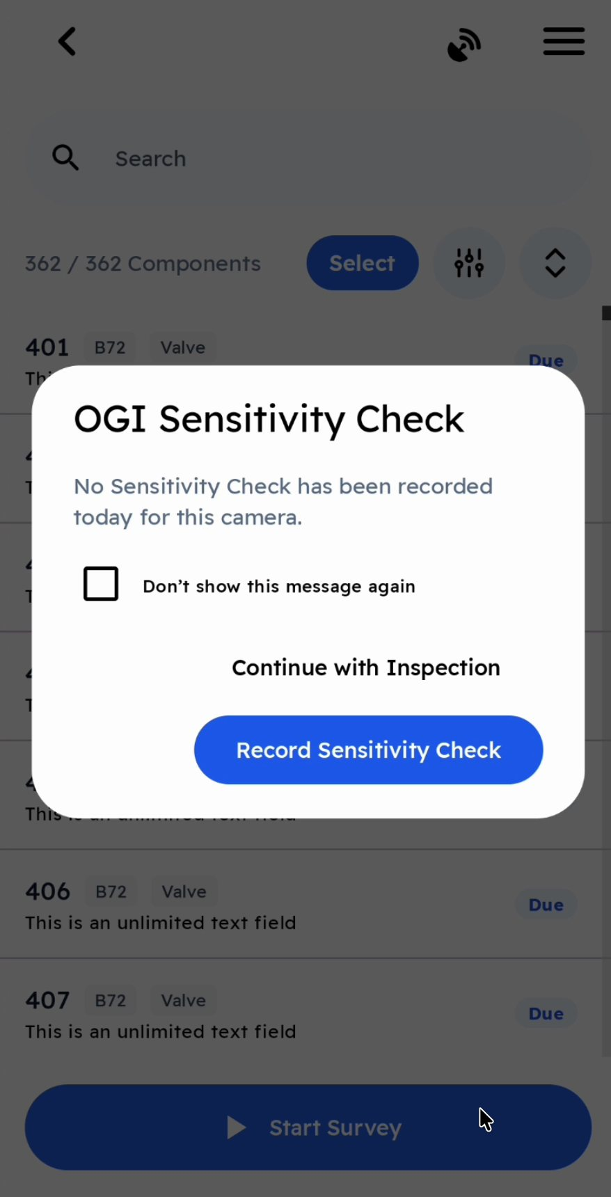 The OGI Sensitivity Check warning: No Sensitivity Check has been recorded today for this camera, with Continue with Inspection and Record Sensitivity Check buttons.