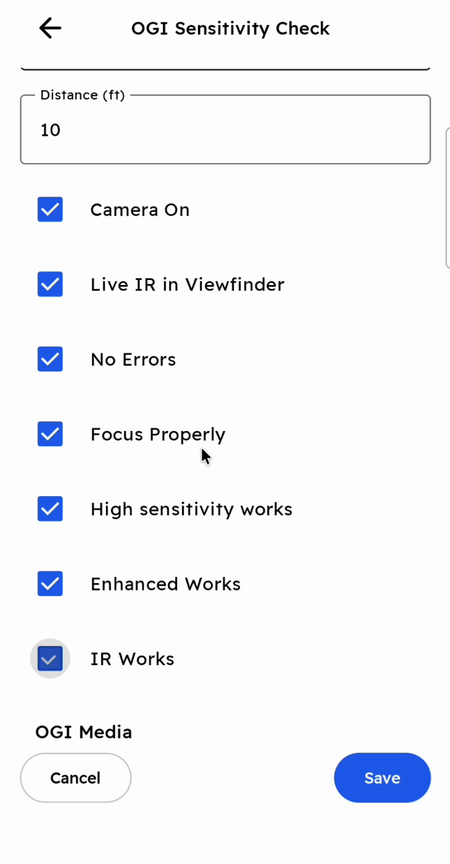 The OGI Sensitivity Check form with the checks ticked and the OGI Media section's Capture Media button.