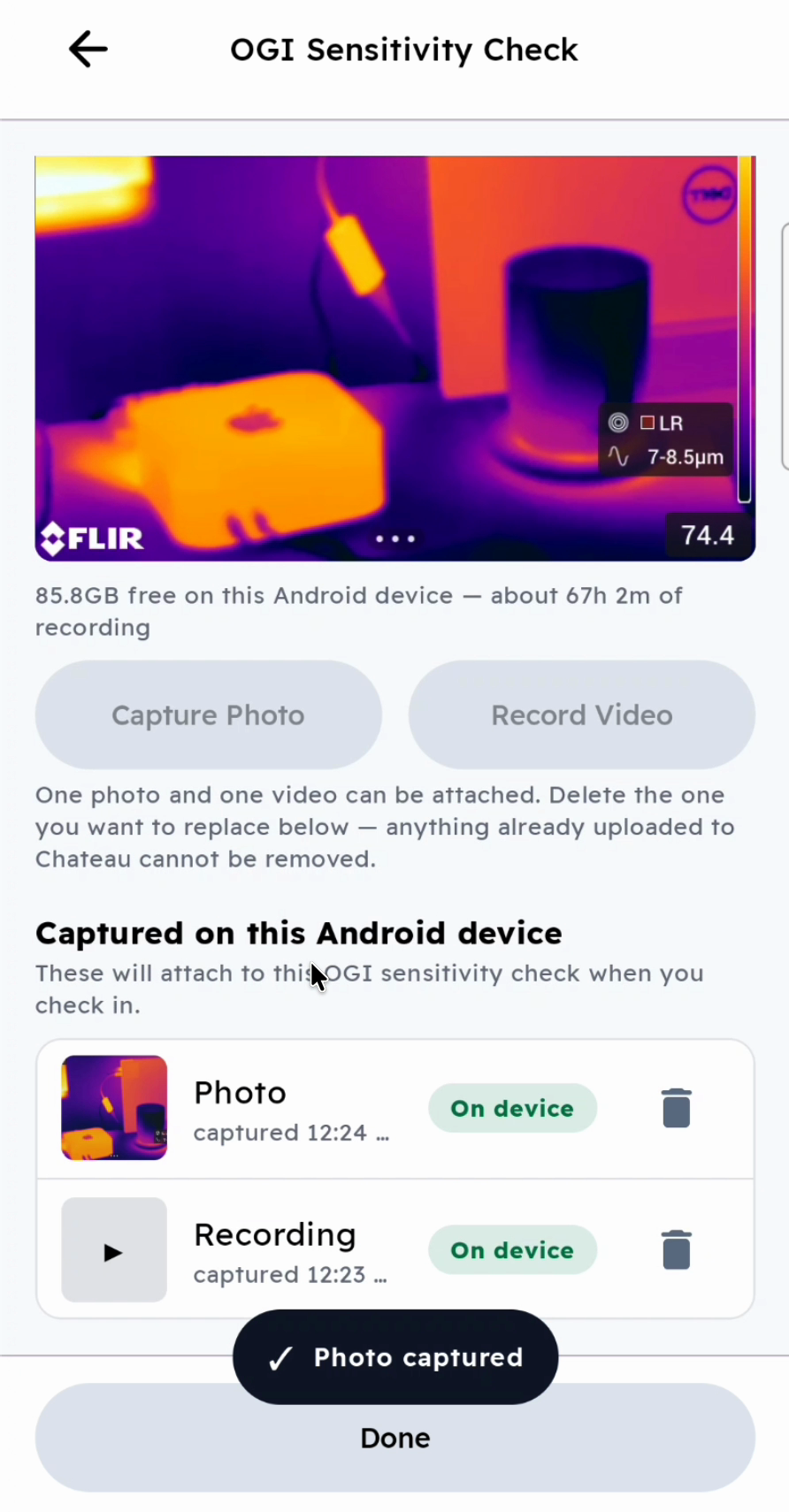 The sensitivity check capture screen with a photo and a recording listed under Captured on this Android device.
