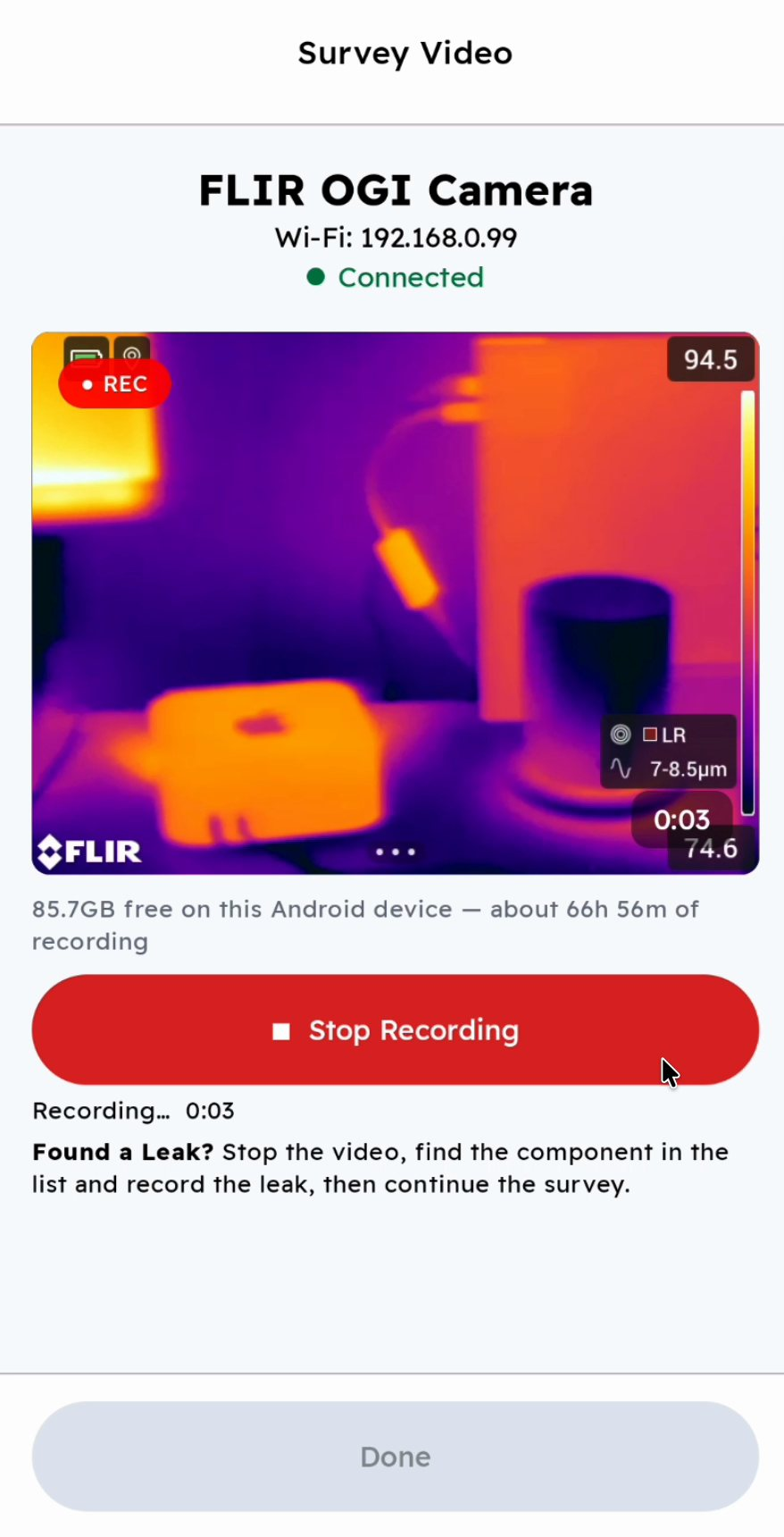 Recording the survey video: the red Stop Recording button, the timer, and the Found a Leak? reminder.
