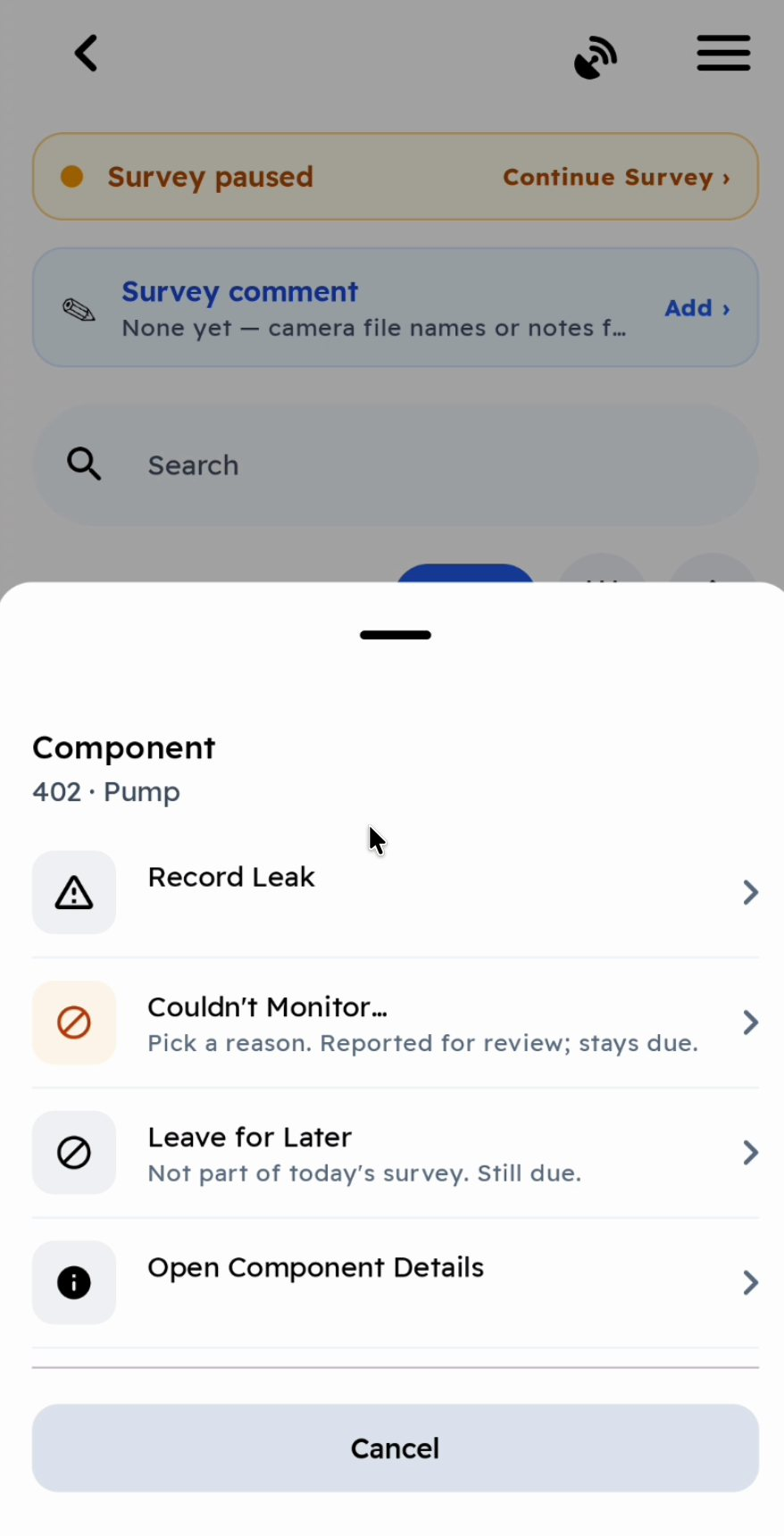 The component actions for tag 402: Record Leak, Couldn't Monitor…, Leave for Later, Open Component Details.