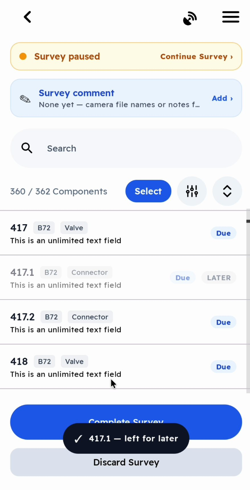 The confirmation 417.1 — left for later, with the component dimmed and marked LATER.