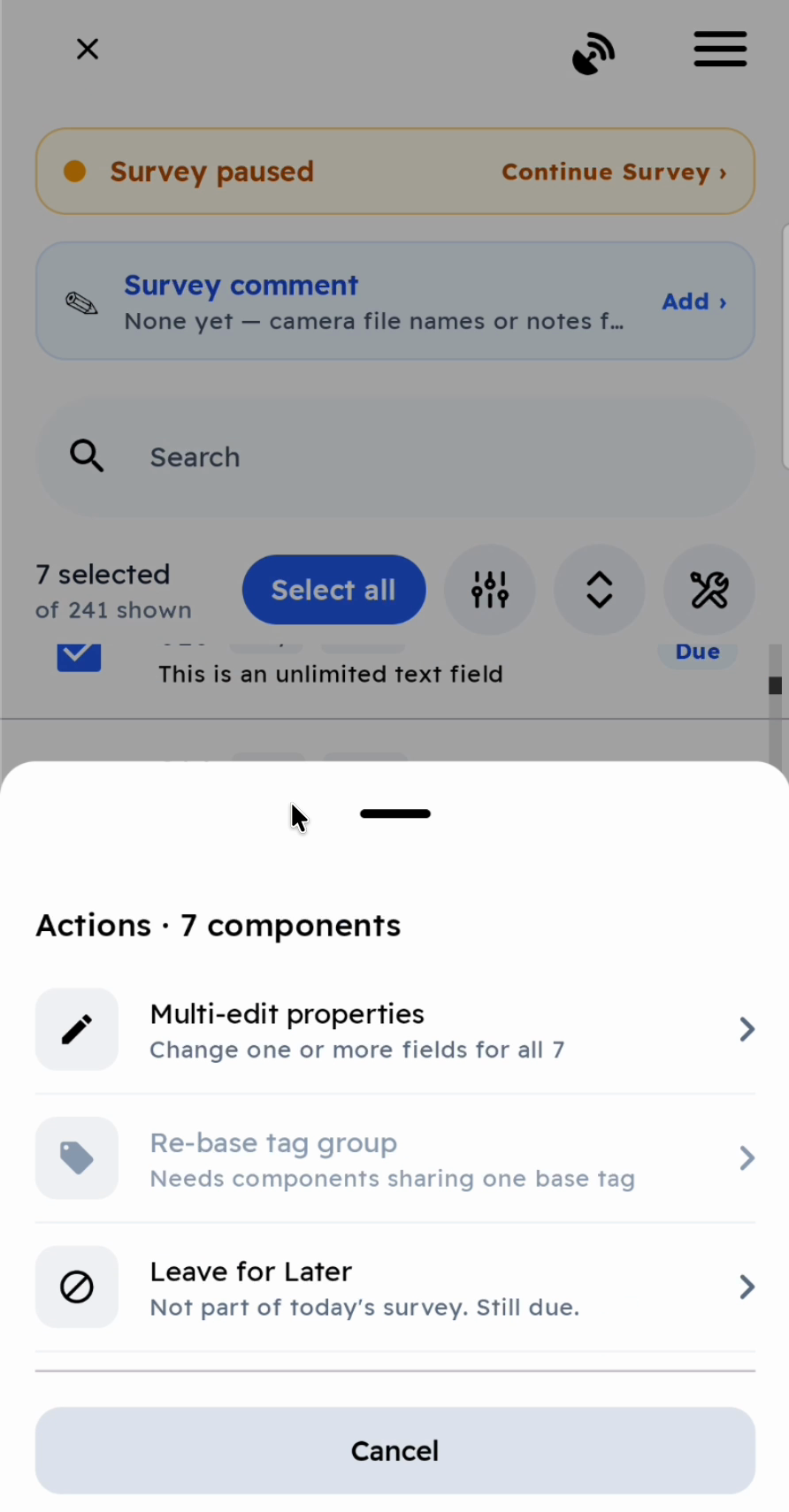 Seven components selected, with the Actions menu offering Multi-edit properties and Leave for Later.