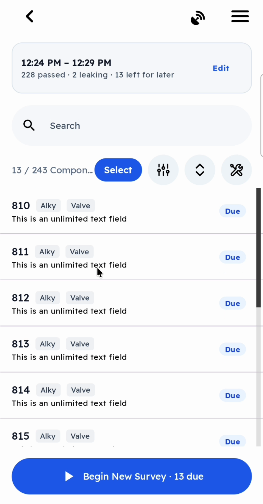 A completed survey card: 12:24 PM – 12:29 PM, 228 passed, 2 leaking, 13 left for later, with Edit, and the Begin New Survey · 13 due button.