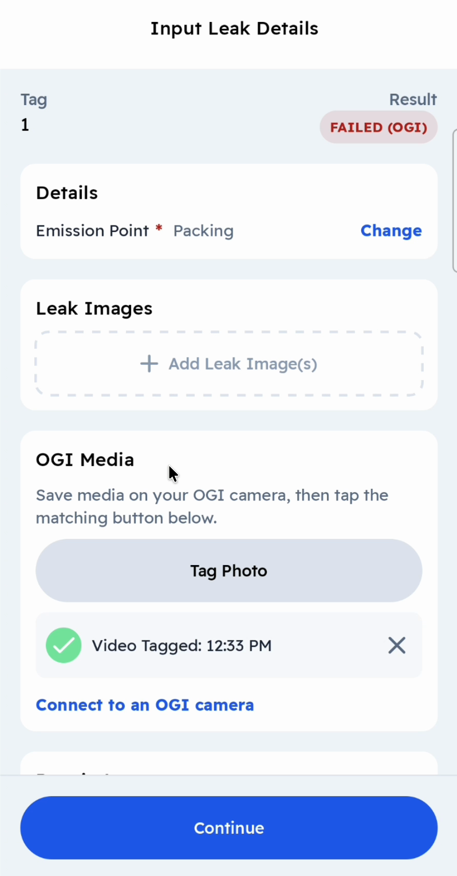 Input Leak Details with no camera connected: Tag Photo, and the confirmation Video Tagged: 12:33 PM.