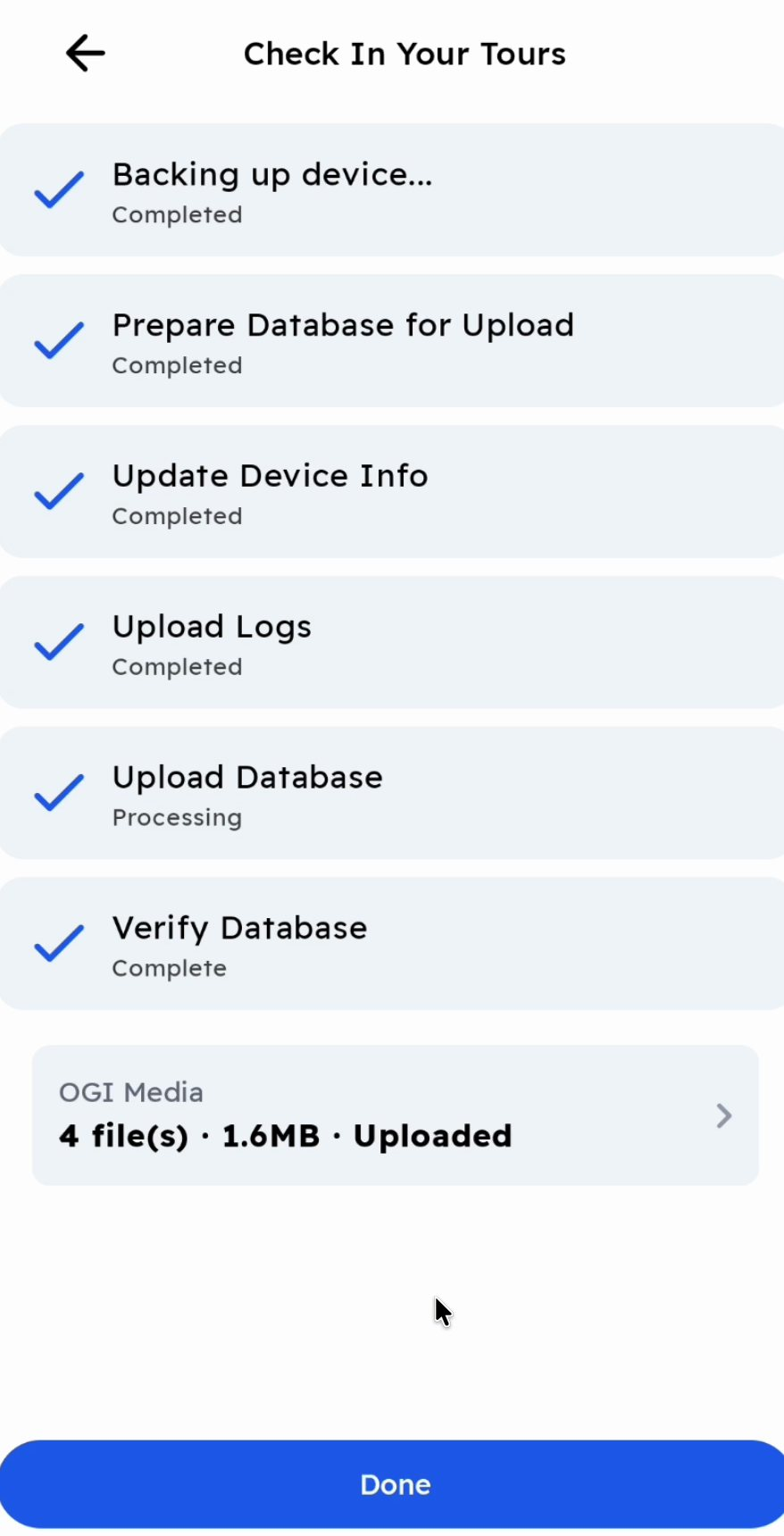 Check In Your Tours with the OGI Media block showing 4 files, 1.6 MB, Uploaded.