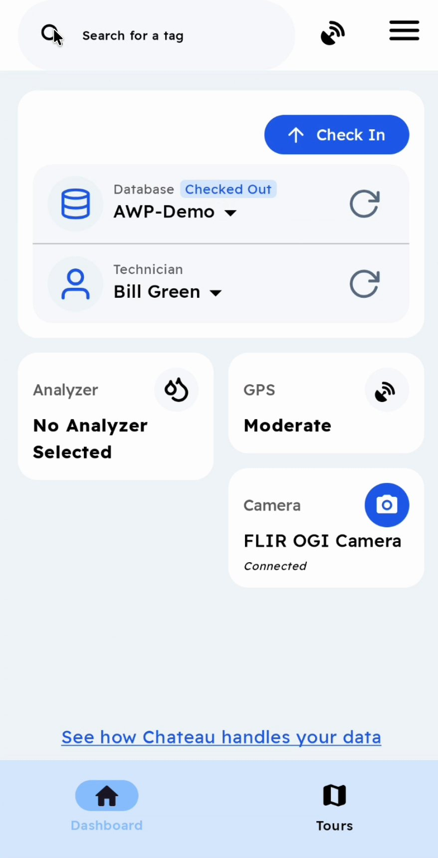 The Dashboard with the Camera tile showing FLIR OGI Camera, Connected.