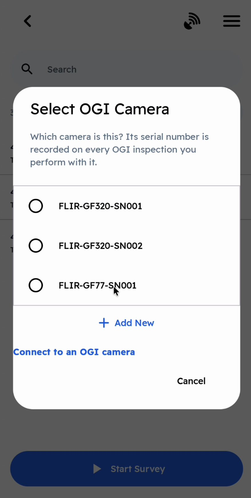 Select OGI Camera: pick the serial of the camera you're recording with.
