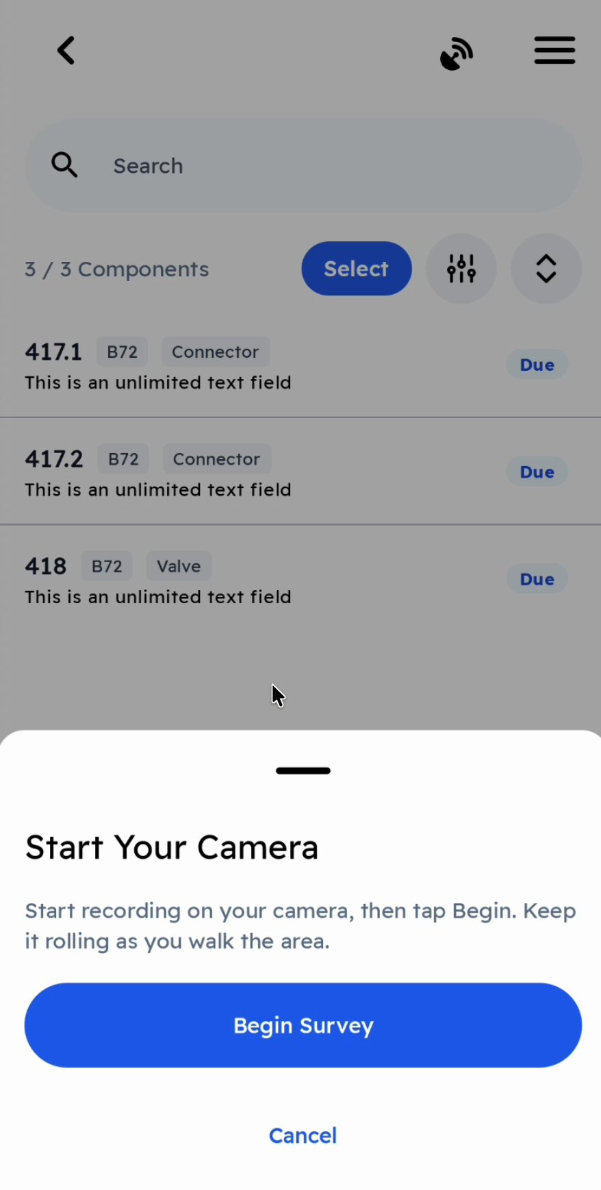Start Your Camera: start recording on your camera, then tap Begin Survey.