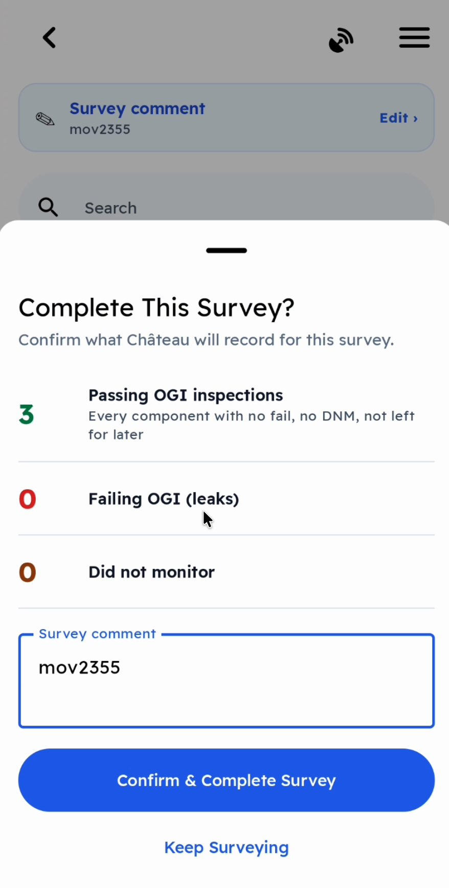 Complete This Survey? with the camera's file name typed in the Survey comment.