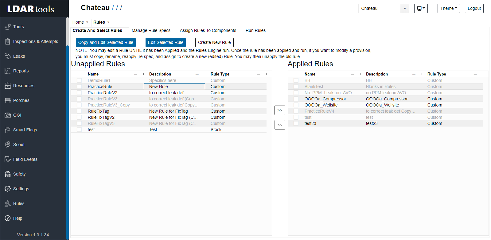 Create and Select Rules screen