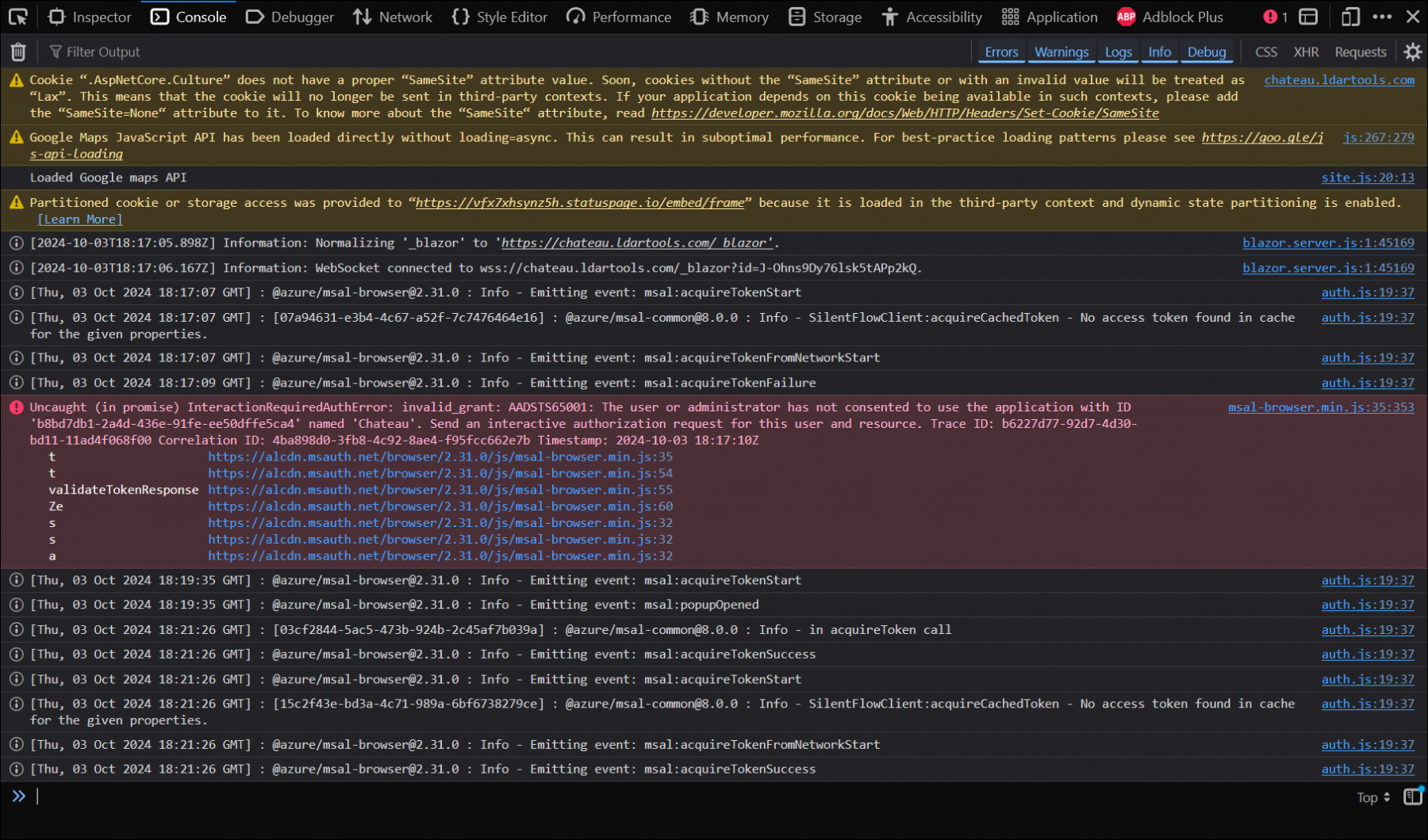 SSO console error screenshot