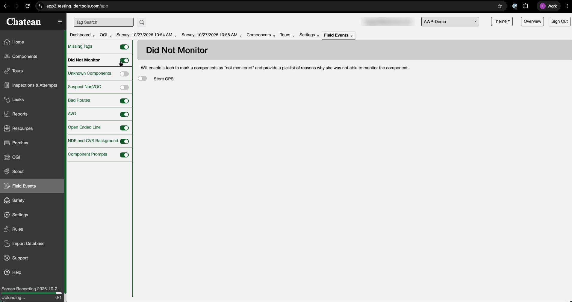 Settings, Field Events tab, with the Did Not Monitor field event turned on.