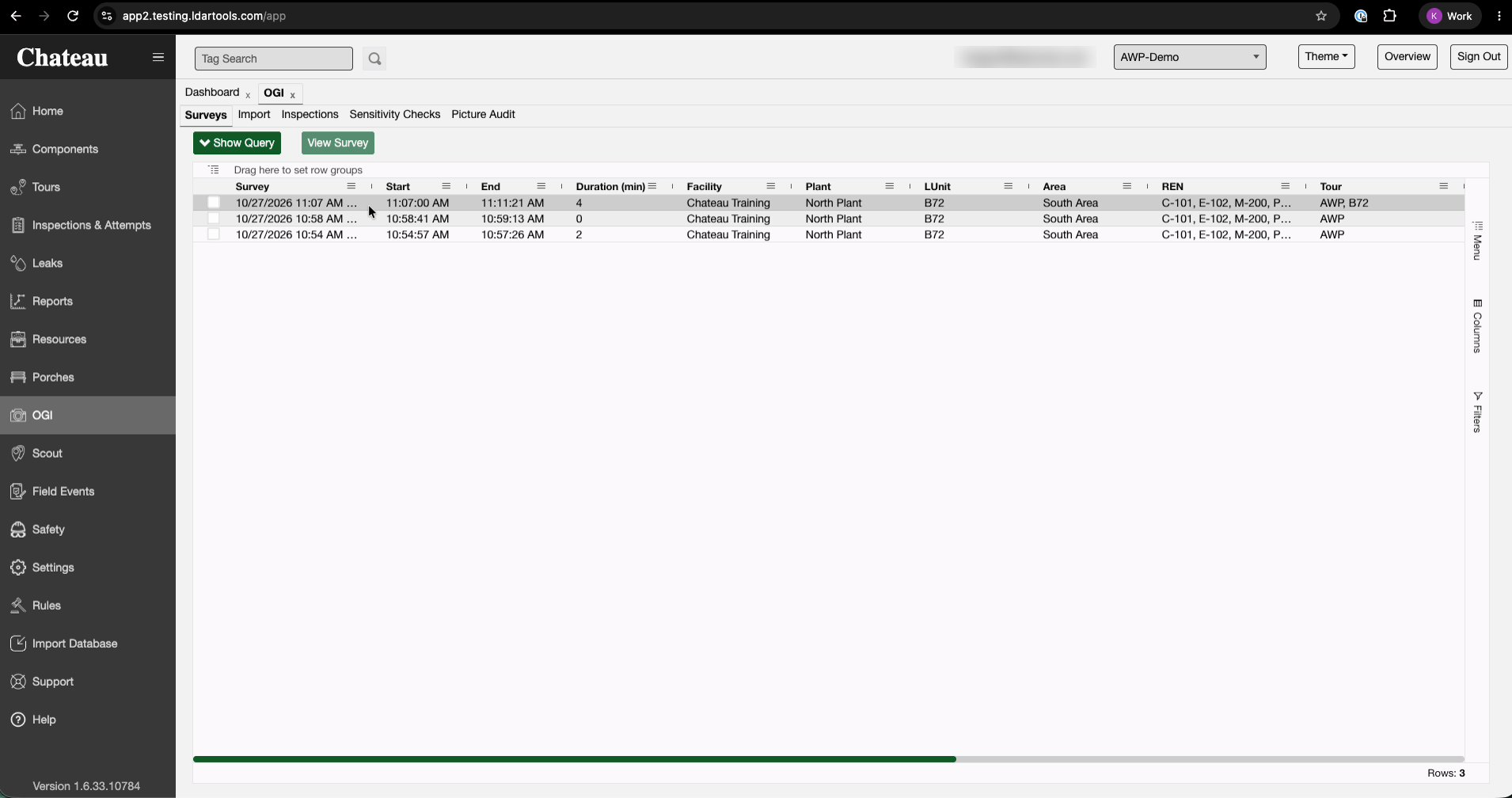 OGI › Surveys, with Show Query and View Survey, and a row for each survey.