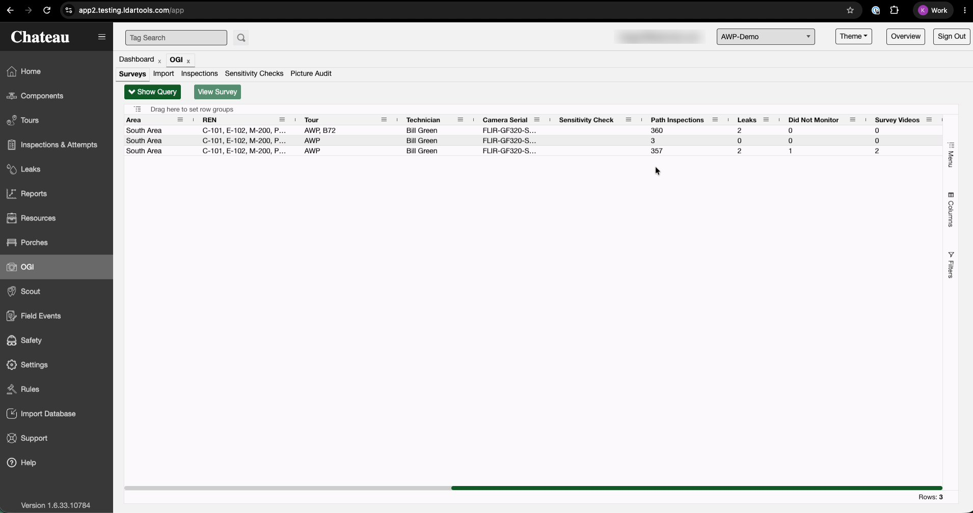 The right-hand columns of the Surveys grid: Tour, Technician, Camera Serial, Sensitivity Check, Path Inspections, Leaks, Did Not Monitor and Survey Videos.