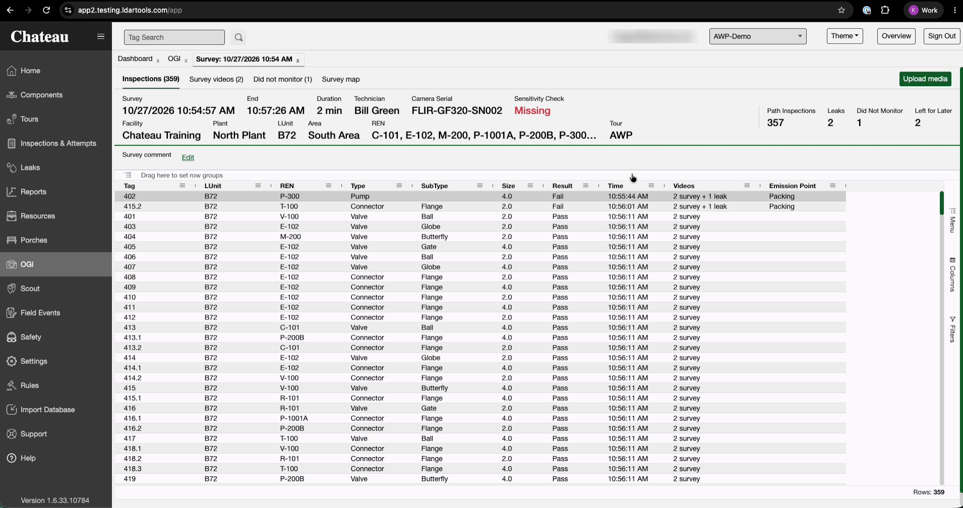 A survey open on the Inspections tab, with the survey details at the top and the list of inspections below.