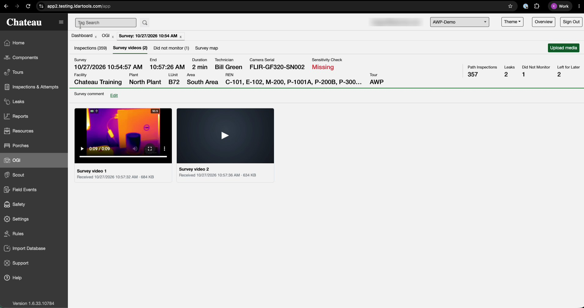 The Survey videos tab showing two survey video sections.