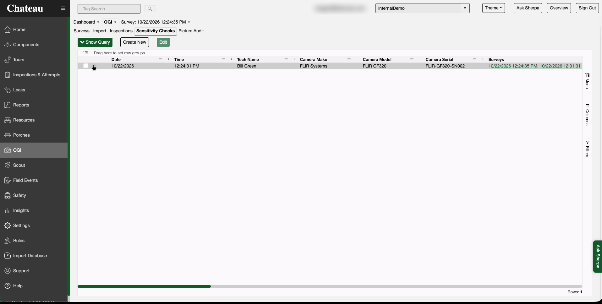 OGI › Sensitivity Checks with the Surveys column listing the surveys run on that camera.