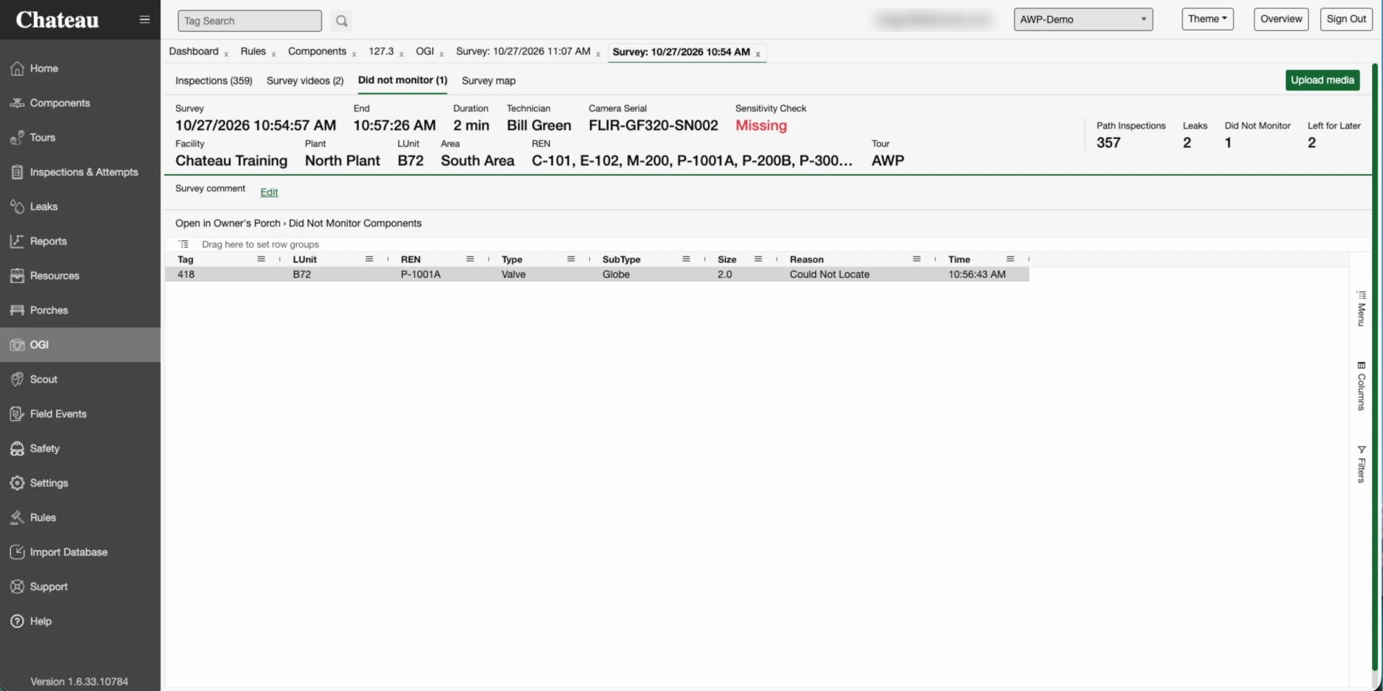 The Did not monitor tab: tag 418 with the reason Could Not Locate and the time.