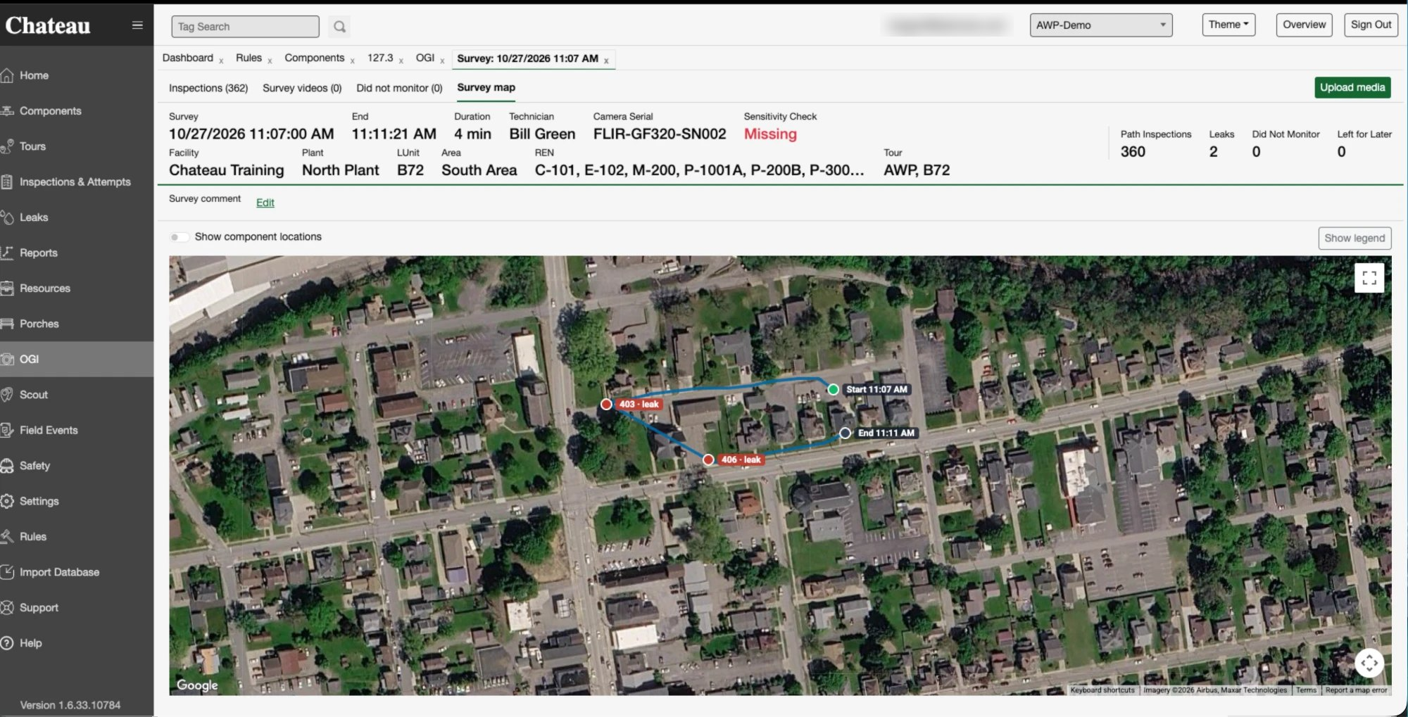 The Survey map tab: the walked track from Start to End, with two leaks labelled by tag.