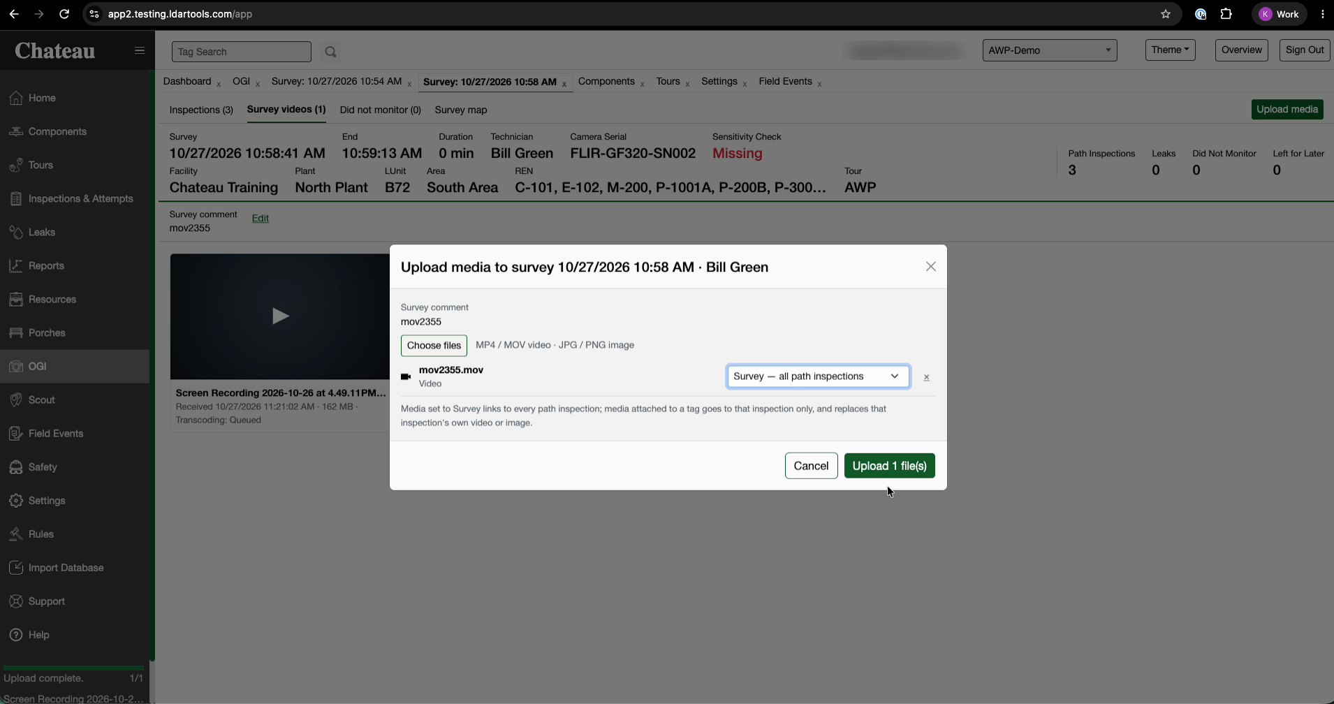 Upload media to survey: the chosen file, with Attach to set to Survey — all path inspections, and Upload.