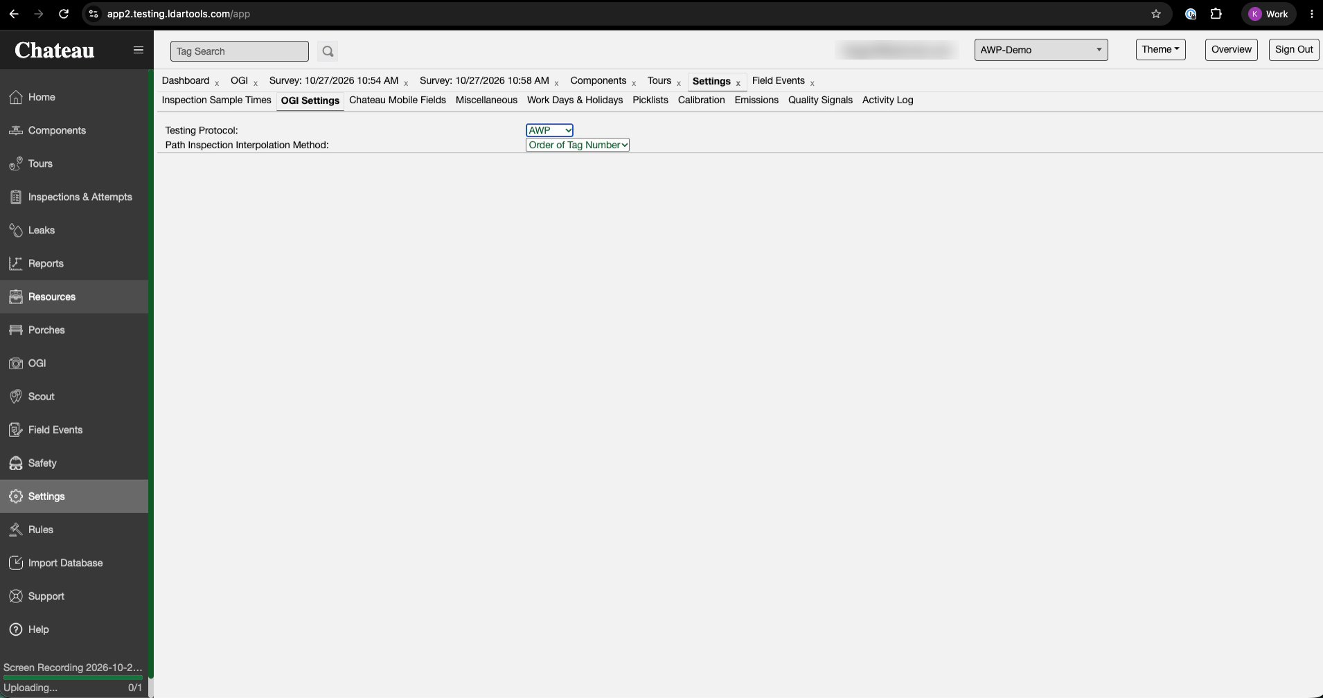 Settings › OGI Settings with Testing Protocol set to AWP.